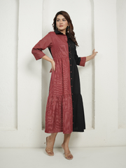 Red Block Print and Black Dress with Detailing