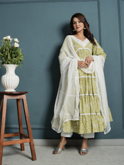 Green White Lace Kurta with Pants And Dupatta