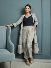 Indigo Crop Top And Pant with Cotton Linen Shrug