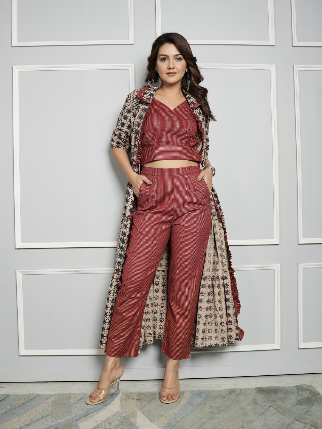 Cotton Linen Co-ord Set with Block Print Ajrakh Shrug