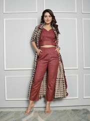 Cotton Linen Co-ord Set with Block Print Ajrakh Shrug