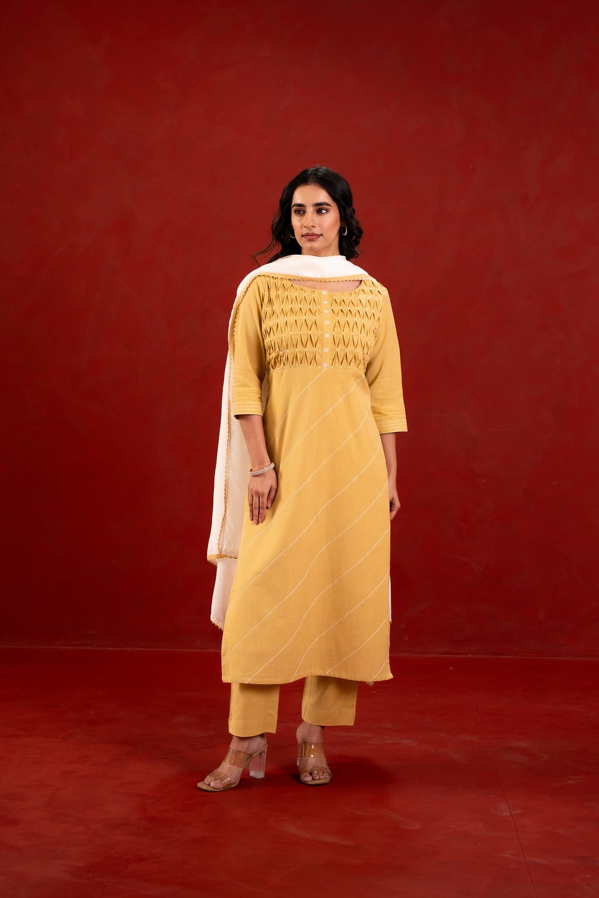 LIME GREEN PINTUCK KURTA SET LINEN