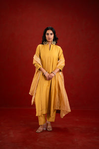Yellow Silk Self-Woven Kurta