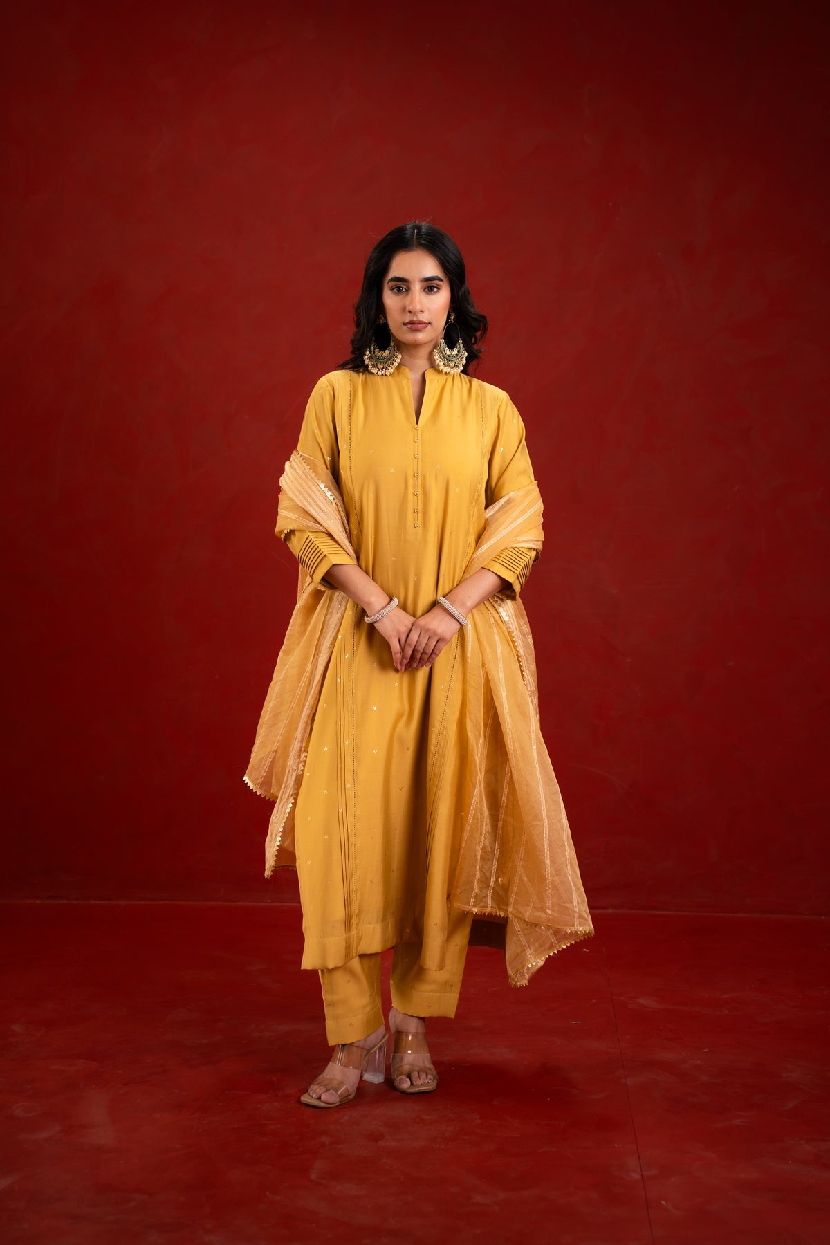 Yellow Silk Self-Woven Kurta