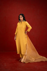 Yellow Silk Self-Woven Kurta