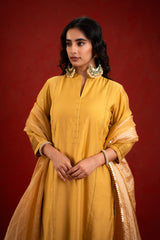 Yellow Silk Self-Woven Kurta