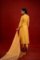 Yellow Silk Self-Woven Kurta