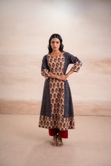 AJRAK BLUE N RED COTTON KURTA SET