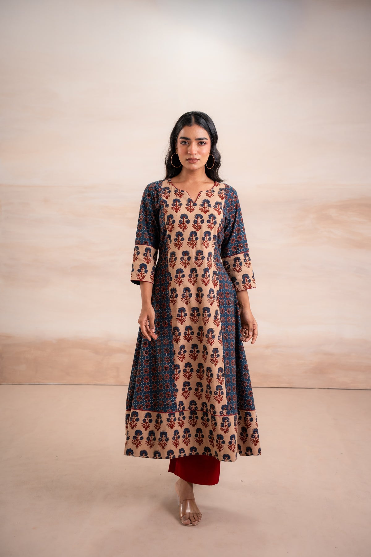 AJRAK BLUE N RED COTTON KURTA SET
