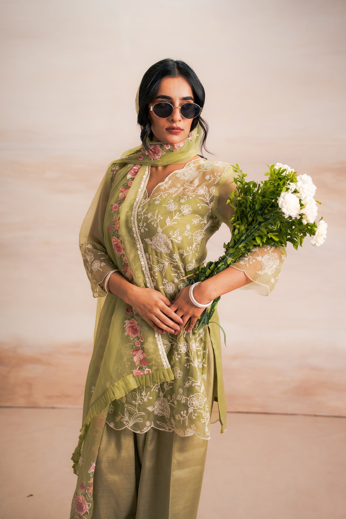 GREEN EMBRIODERY SUIT SET