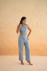 BLOCK PRINT SHRUG WITH PANT N CROP CHAMBRAY