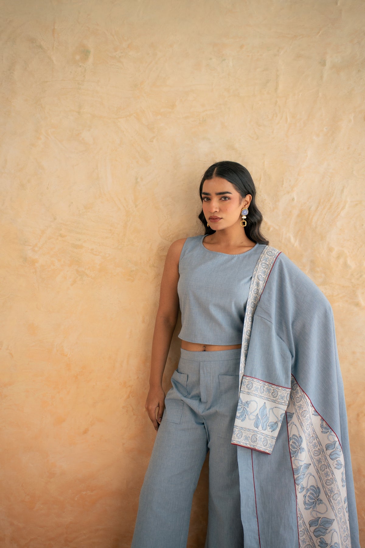 BLOCK PRINT SHRUG WITH PANT N CROP CHAMBRAY