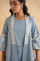 BLOCK PRINT SHRUG WITH PANT N CROP CHAMBRAY