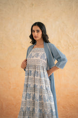 BLOCK PRINT DRESS WITH DOBBY SHRUG