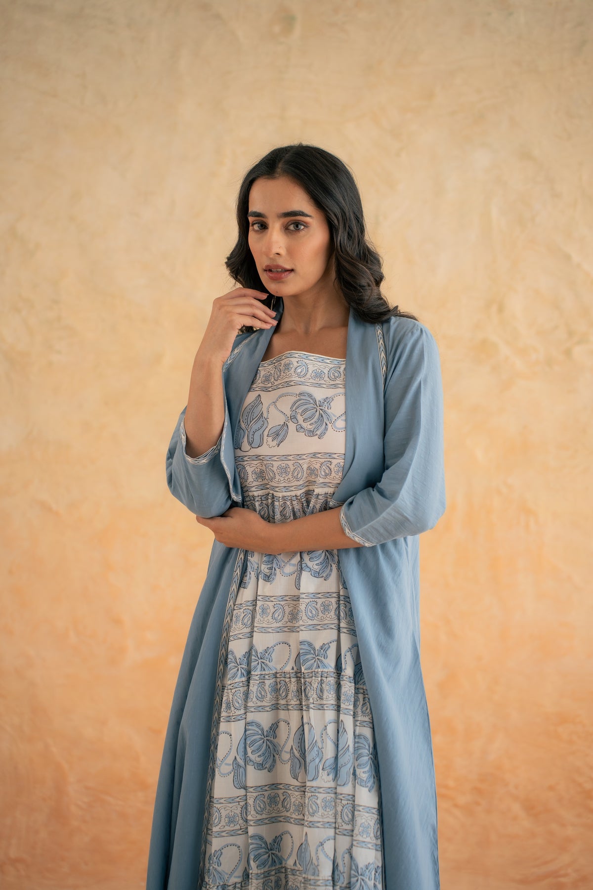 BLOCK PRINT DRESS WITH DOBBY SHRUG