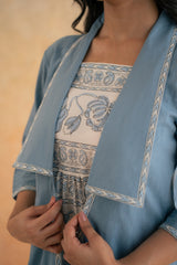 BLOCK PRINT DRESS WITH DOBBY SHRUG
