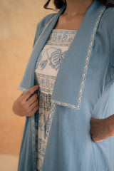 BLOCK PRINT DRESS WITH DOBBY SHRUG