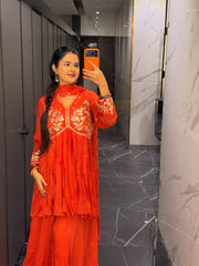 Tangerine Palazzo Set with Pitta Work Embroidery