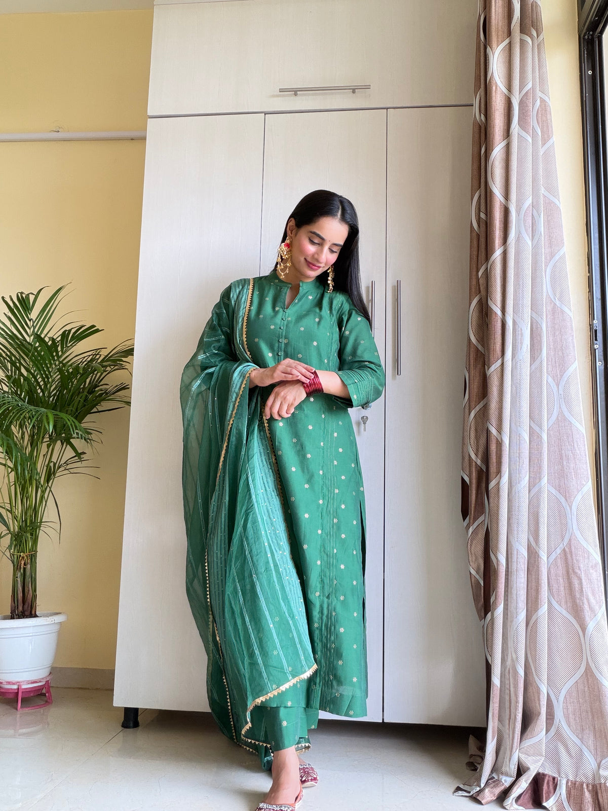 Green Silk Self-Woven Kurta
