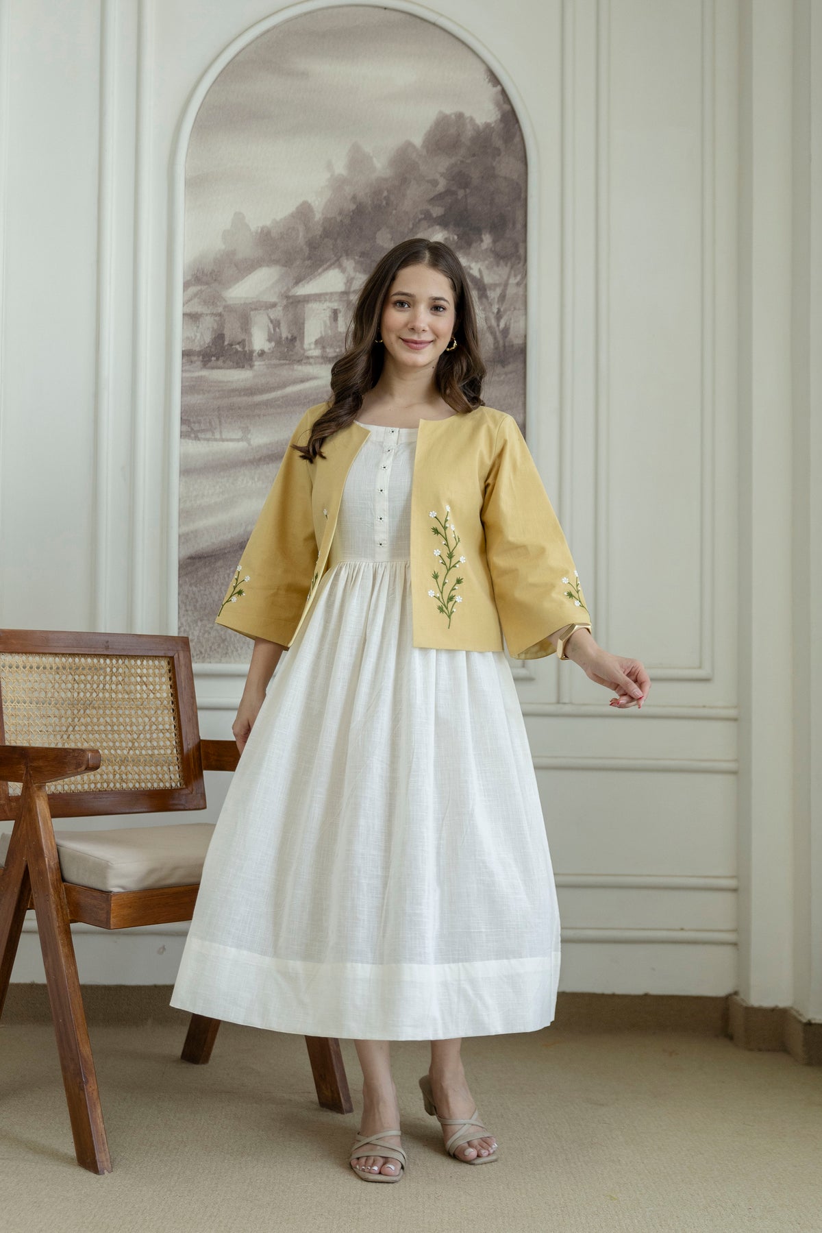 Cotton Slub Dress with Embriodary Jacket