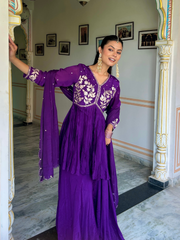 Purple Pitta Work Chiffon Kurta Set