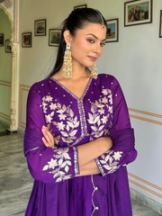 Purple Pitta Work Chiffon Kurta Set